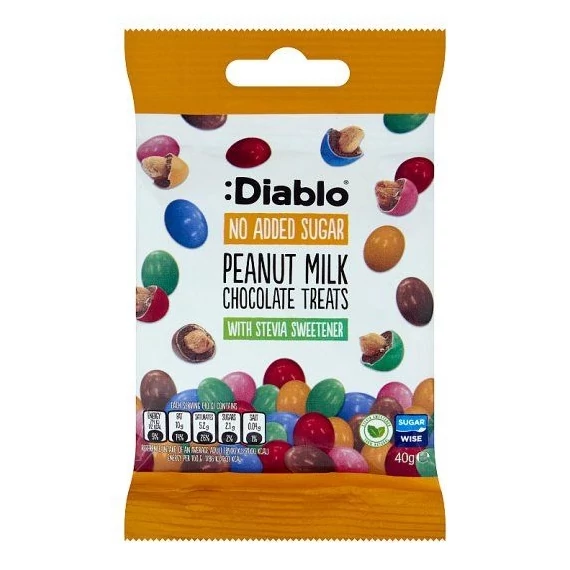 Diablo drazsé földimogyorós tejcsokoládéban és cukorbevonattal hozzáadott cukor nélkül 40 g