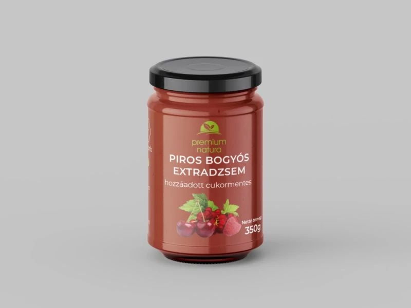Premium Natura csökkentett energia tartalmú extra dzsem édesítõszerekkel vegyes piros ribizli-meggy-málna 350 g